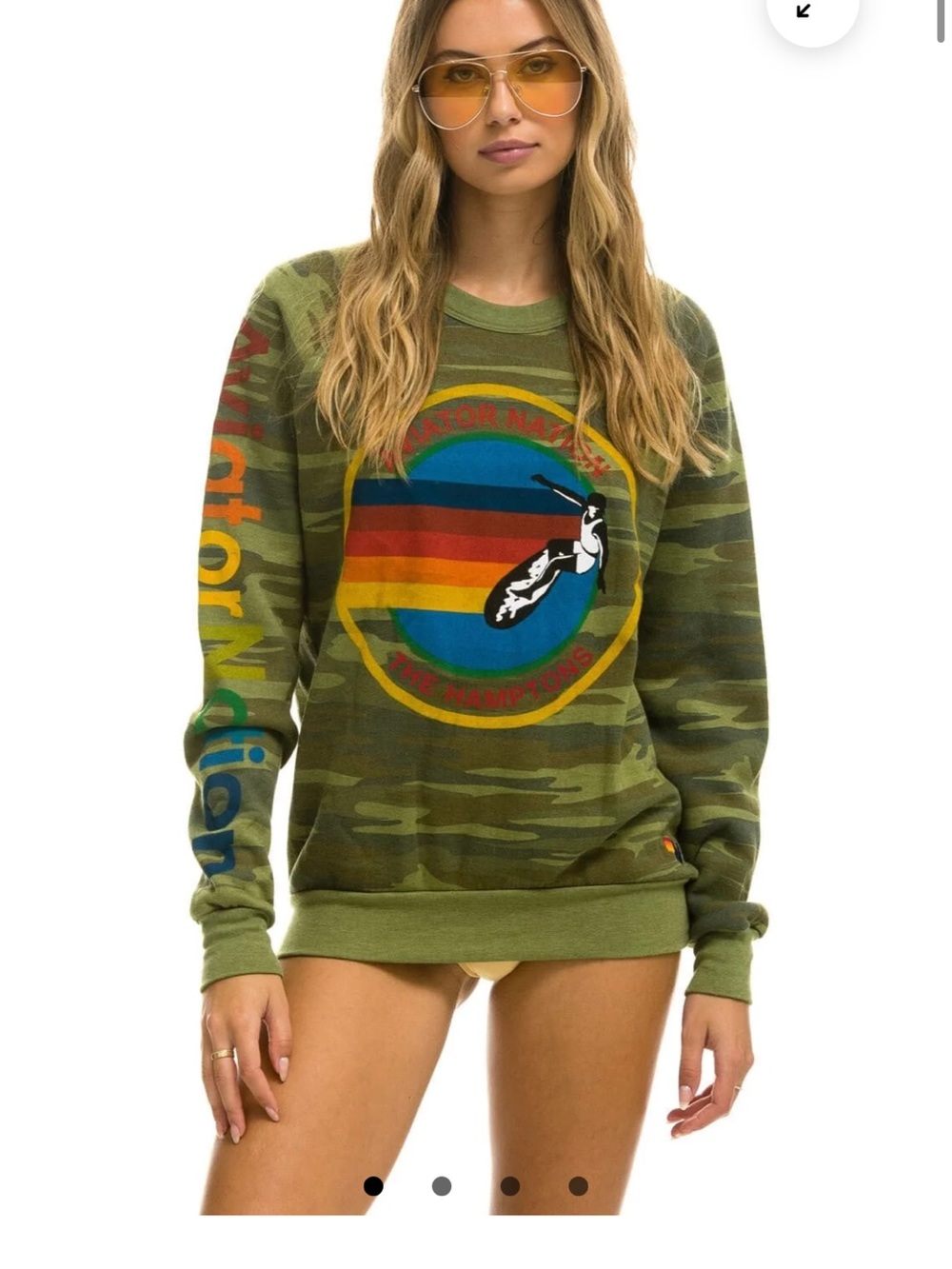 Aviator Nation Olive Camo Crewneck with Rainbow Surf Graphic